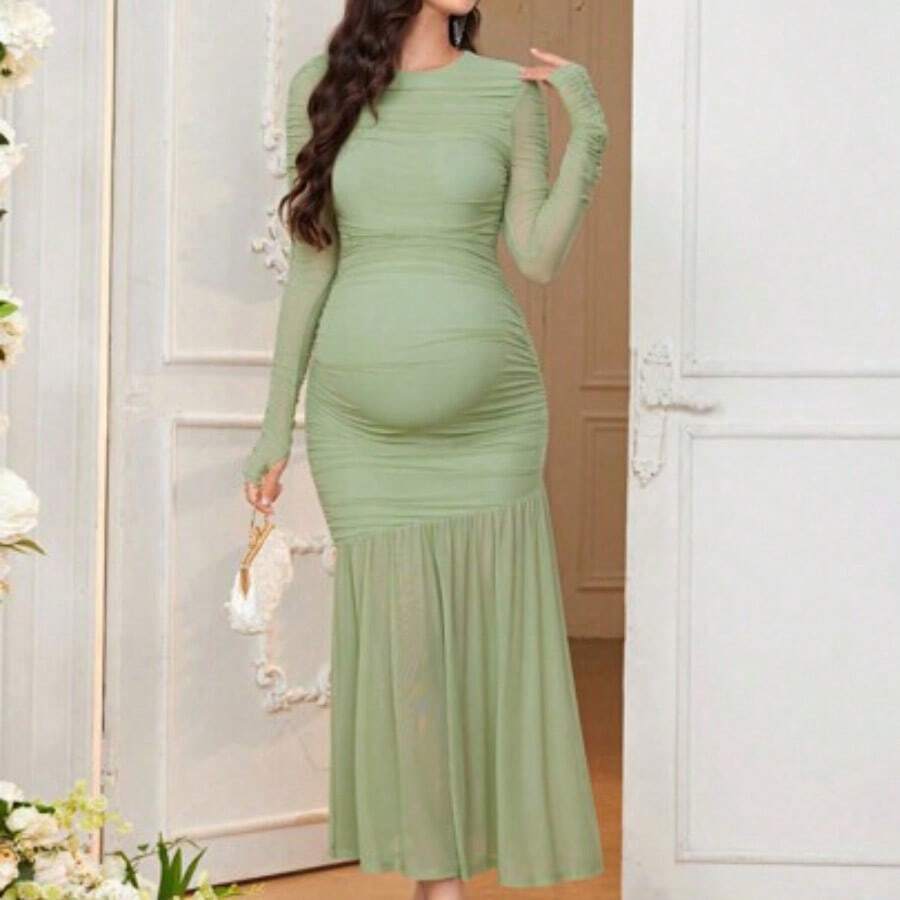 Vestido largo de manga larga y cuello redondo elegante y juvenil de corte ajustado para mujeres embarazadas - verde menta - Ver 1