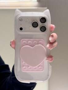 Cute 3D Suction Cup Heart Makeup Mirror Cat Ear Frosted Semi-Transparent Phone Case, Compatible With IPhone 17 ProMax 17 Pro 16 Pro Max 16 Pro 15 14 13 Pro Max 15 13 17, Minimalist Fashion Lens Protection Case - Pink - View 1