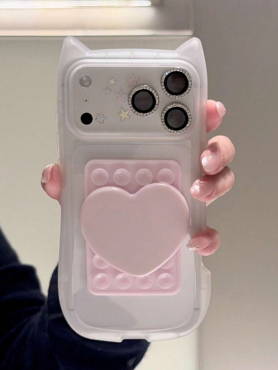 Cute 3D Suction Cup Heart Makeup Mirror Cat Ear Frosted Semi-Transparent Phone Case, Compatible With IPhone 17 ProMax 17 Pro 16 Pro Max 16 Pro 15 14 13 Pro Max 15 13 17, Minimalist Fashion Lens Protection Case - Pink - View 1
