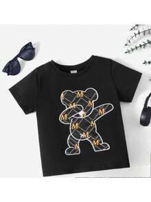 Dabbing Bear Quilted Print Short Sleeve T-Shirt, Local Warehouse, 220g Cotton Men's T-Shirt, Cool and Comfortable, Versatile Summer Wear, Perfect Gift - Noir - Voir 1