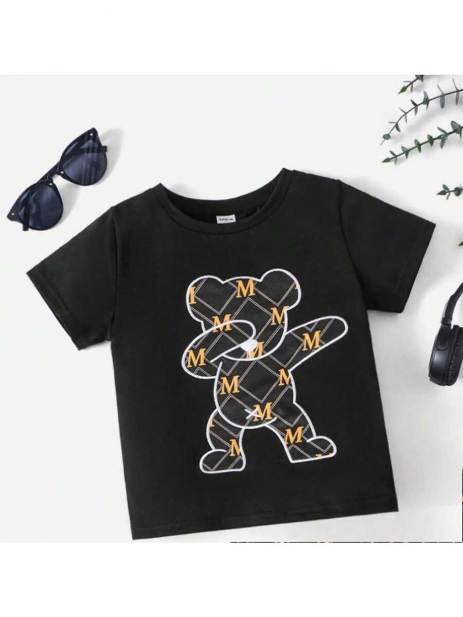 Dabbing Bear Quilted Print Short Sleeve T-Shirt, Local Warehouse, 220g Cotton Men's T-Shirt, Cool and Comfortable, Versatile Summer Wear, Perfect Gift - Noir - Voir 1