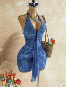 Vestido mini con estampado floral, diseño de lazo y escote halter, para vacaciones - Multicolor 6 - Ver 5