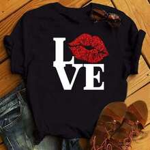 New Women's T-Shirt With Pink Lips And Leopard Print, Casual Style, Round Neck, Sexy, Black, With Kiss Design, Fun, For Girls, Dropshipping - 粉色 - 查看 4