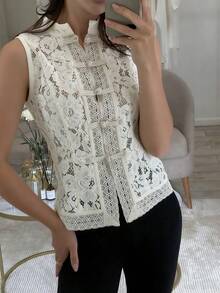 Women's Summer Tank Tops Elegant Solid Color Floral Lace Sleeveless Mock Neck See Through Mesh Blouse - Blanco - Ver 4