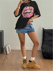 Y2K - Women's T-Shirts With Lip Print, Round Neck, Short Sleeve, Loose Fit And Versatile Shirt - Black - View 5