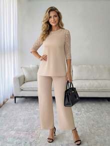 Medorina Conjunto de dos piezas de mujer para verano con top de manga corta de cuello redondo en unicolor y pantalones de pierna ancha con estampado de flores. Conjunto informal de ropa casual para mujer en primavera y verano - Caqui - Ver 7
