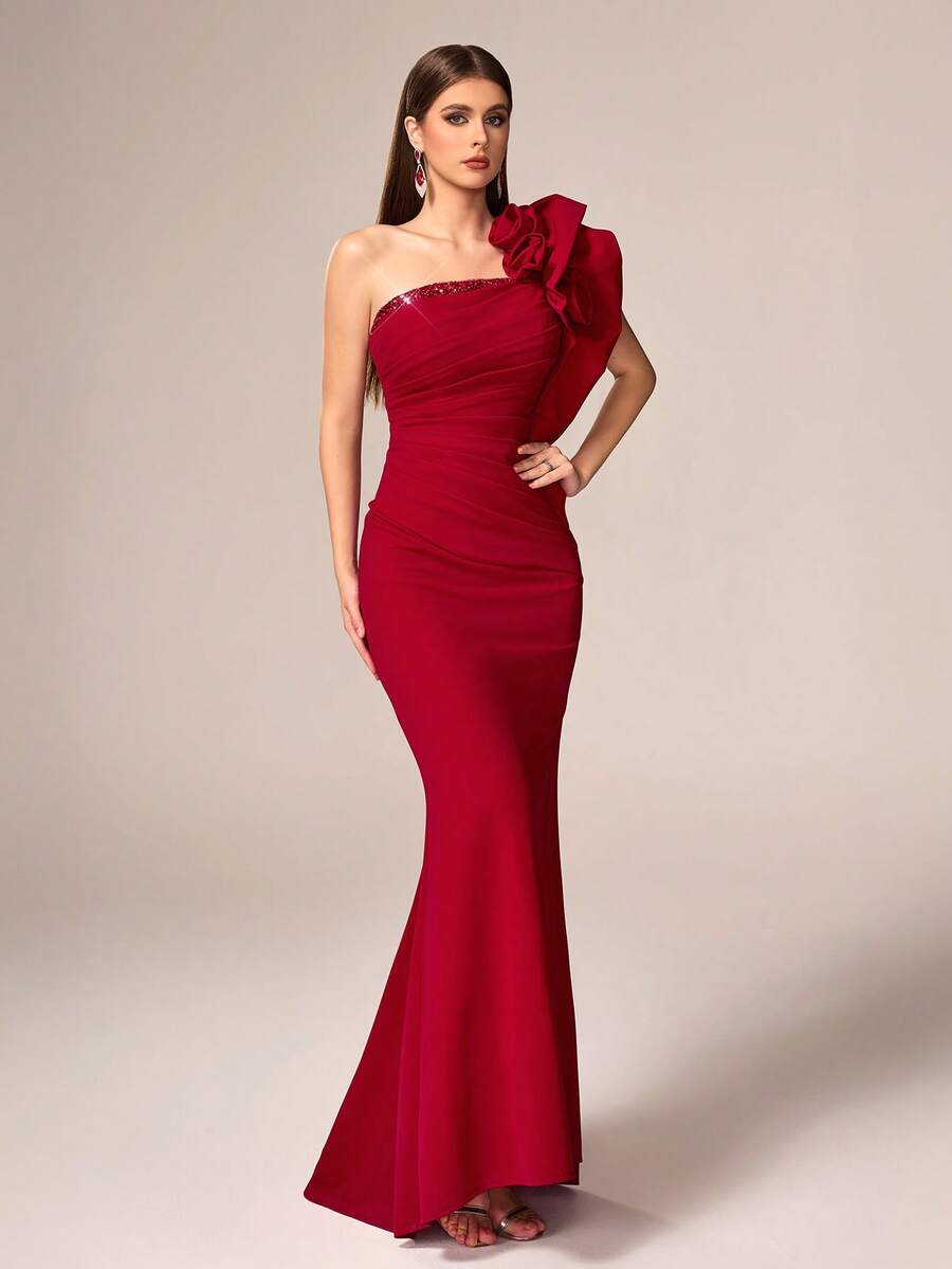 VIPGIRL New Arrival Burgundy One Shoulder Elegant Formal Gown With 3D Floral Decor, Sequin Patchwork And Ruffle Design, High-End Ladies Evening Dress - Burgundy - View 1