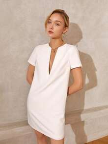 Vestido corto recto de unicolor con cuello en V y manga corta para mujer, conjunto de ropa casual de negocios para vacaciones de verano elegante en color blanco - Negro - Ver 9