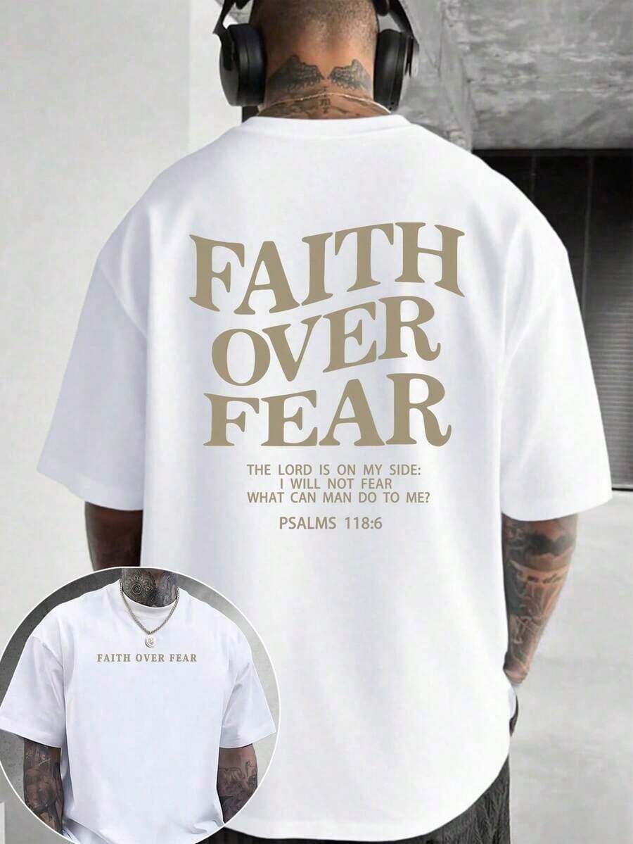 Men's Christian T-Shirt "FAITH OVER FEAR" | Psalm 118:6 Biblical Design | Inspirational Streetwear | 100% Cotton | Unisex Fit | Ideal Gift For Believers - 白色 - 查看 1