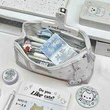 1pc Cute Gray Star Little Cat Pencil Case, Large Capacity Multi-Functional Organizer, Makeup Bag, Lightweight And Portable. Perfect Back-To-School Gift. - Gray Star Kitten - View 3