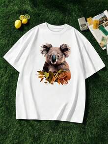 T-shirt casual da uomo con stampa grafica di koala, autunno, girocollo, vestibilità comoda, street hip-hop, vestibilità confortevole, design grafico - Bianco - Visualizzare 1