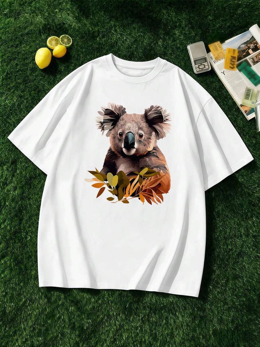 T-shirt casual da uomo con stampa grafica di koala, autunno, girocollo, vestibilità comoda, street hip-hop, vestibilità confortevole, design grafico - Bianco - Visualizzare 1