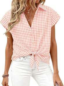 Puff Sleeve Striped Ruffle Blouse V Neck Button Front Summer Top Chic Casual Work Office Outfit For Women - 粉紅色格子 - 查看 1