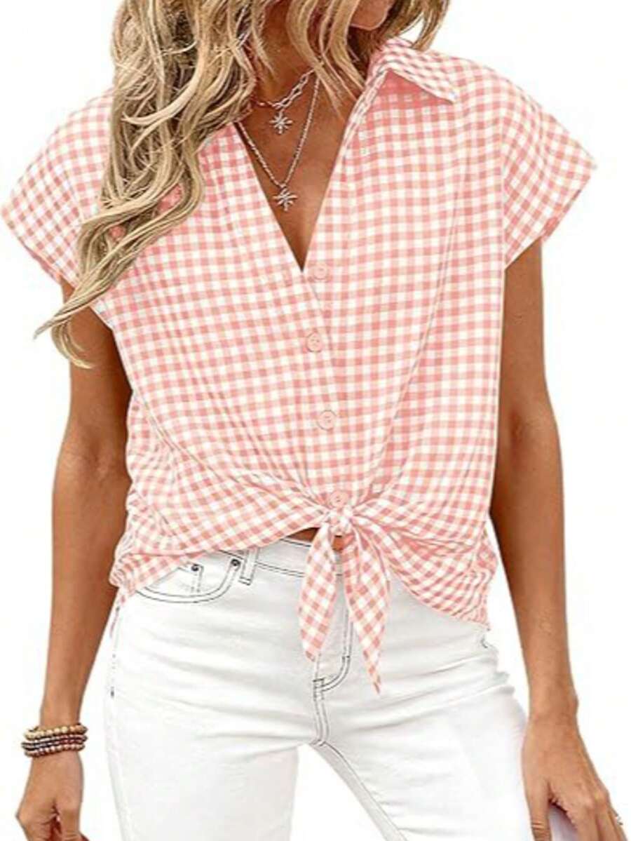 Puff Sleeve Striped Ruffle Blouse V Neck Button Front Summer Top Chic Casual Work Office Outfit For Women - 粉紅色格子 - 查看 1