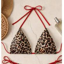 Leopard Print Triangle Bikini Set For Women Red Contrast Tie Side Halter String Swimwear Beach Vacation Animal Print Bikini,Going Out Top - Brown - View 4