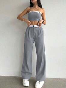 Luminelle Conjunto de top bandeau y pantalones anchos plisados de moda, versátil para vacaciones y fiestas - Gris - Ver 3