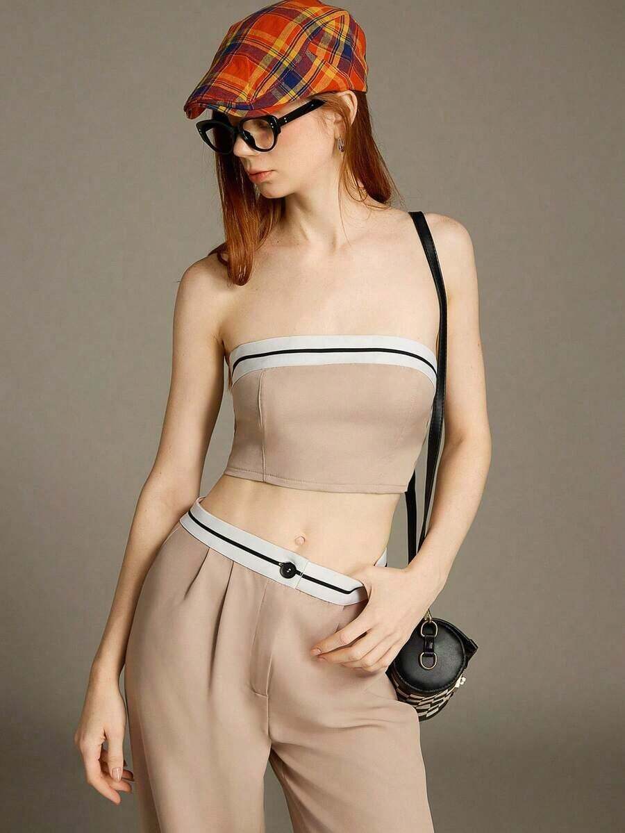 Luminelle Conjunto de top bandeau y pantalones de pierna ancha para mujeres con diseño de bloques de color - Albaricoque 2 - Ver 1