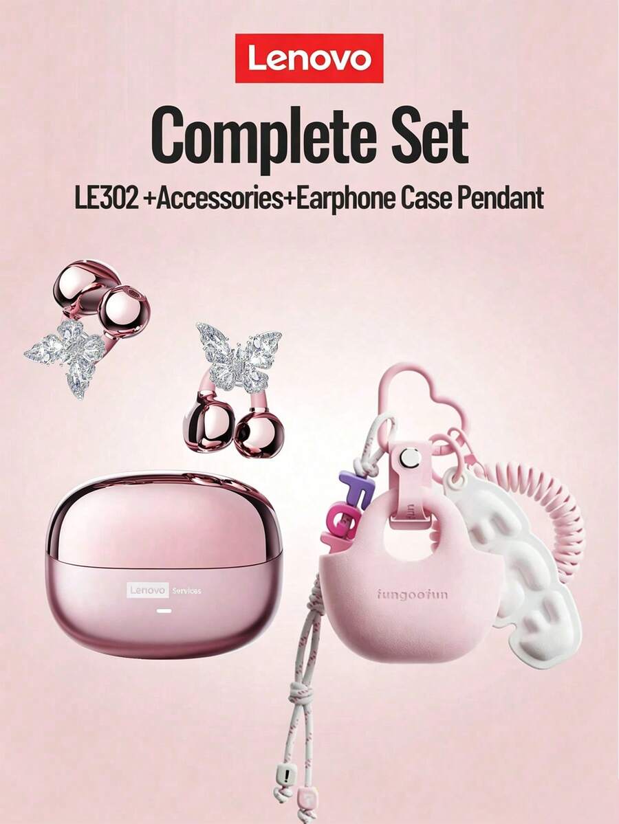 Écouteurs Bluetooth Lenovo LE302 avec décorations papillon et étui de protection, conception ouverte avec son surround, audio de haute qualité, faible latence, musique, jeux, audio directionnel, réduction de bruit ENC, appels clairs, écouteurs sans fil compatibles avec les smartphones et les ordinateurs