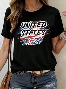 Women's T-Shirt With 2026 USA Soccer Flag Print, Crew Neck, Cotton, Casual Style, Soft And Comfortable For National Day And Sporting Events - Urban Vintage Style, Unisex, Loose Fit, Cotton, Short Sleeve, Crew Neck, 100% Cotton - 黑色 - 查看 5