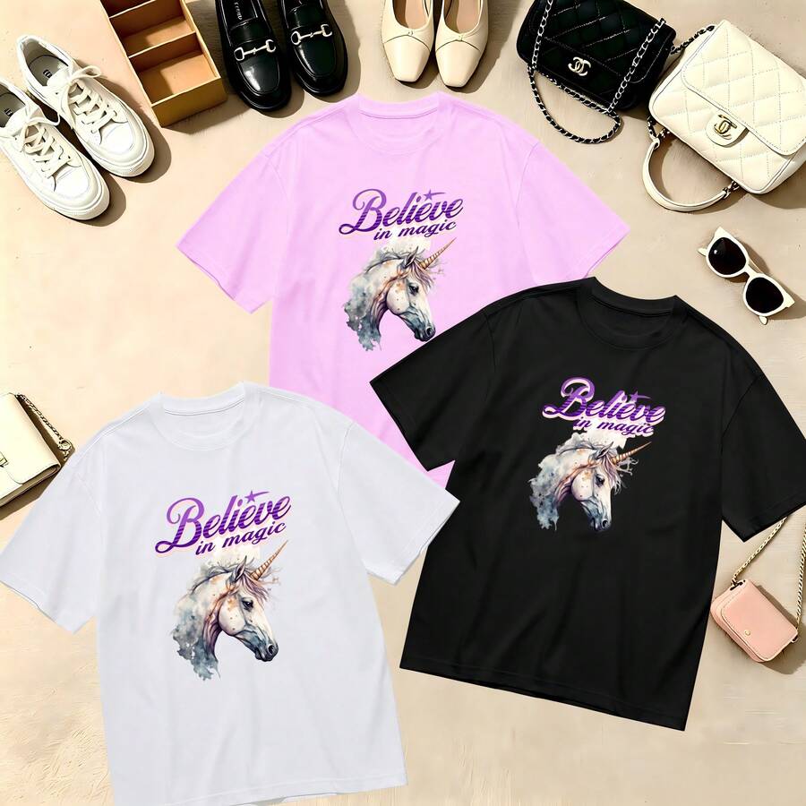 Choose One Of The Three Sets Women's T-Shirt Kawaii Unicorn Magic Print 100% Cotton Oversized Soft Breathable Casual Crewneck Short Sleeve Top Retro Aesthetic Summer Vibes - 白色 - 查看 1