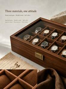 3/6/10/12 Grid Wooden Watch Storage Box With Glass Lid, Walnut Wood Watch Display Storage Box, Dust-Proof Velvet Lining, Men's And Women's Watch Collection Box, Birthday Christmas Gift - Walnut Wood - Inner Brown - View 6