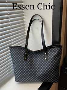 1pc Black Metal Rivet Decor Large Capacity Vintage PU Tote Bag, Women Summer Shoulder Bag - Black - View 7