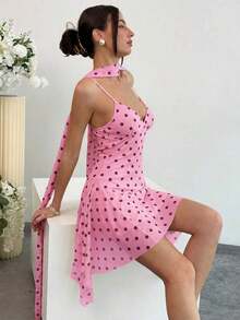 Vestido corto de verano casual de mujer con estampado de lunares y tirantes finos - Rosa 2 - Ver 5