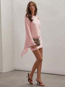 Vestido de verano de mujer elegante con un hombro, con textura y adornos de lentejuelas, vestido de un solo manga, vestido asimétrico, vestido lila para mujer, vestido de verano de un solo hombro, vestido asimétrico para mujer - Rosa Pálido - Ver 3