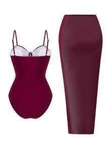 Swim Set de 2 piezas de vestido largo y traje de baño de alta gama con tirantes finos y decoración de estrella de mar, unicolor para mujer en verano - Multicolor - Ver 5