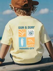 Camiseta Casual de Manga Corta para Niños con Estampados Frontales y Traseros, Diseño Vintage de Tabla de Surf, Elegante y Cómoda para Uso Diario en Primavera/Verano, Cuello Redondo, Prenda de Verano Preferida para Niños de 1 a 14 Años - Verde militar - Ver 3