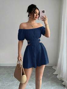 Mono informal de mujer para vacaciones con hombros descubiertos y lazo en la espalda - azul real - Ver 8