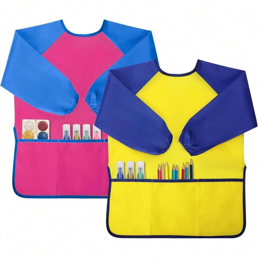 2 Pack Kids Painting Apron With Long Sleeve & 3 Pockets, Waterproof Toddler Art Smock For Age 2-8, Children Artist Apron For Craft Paint - Pink and Yellow (M) - View 1