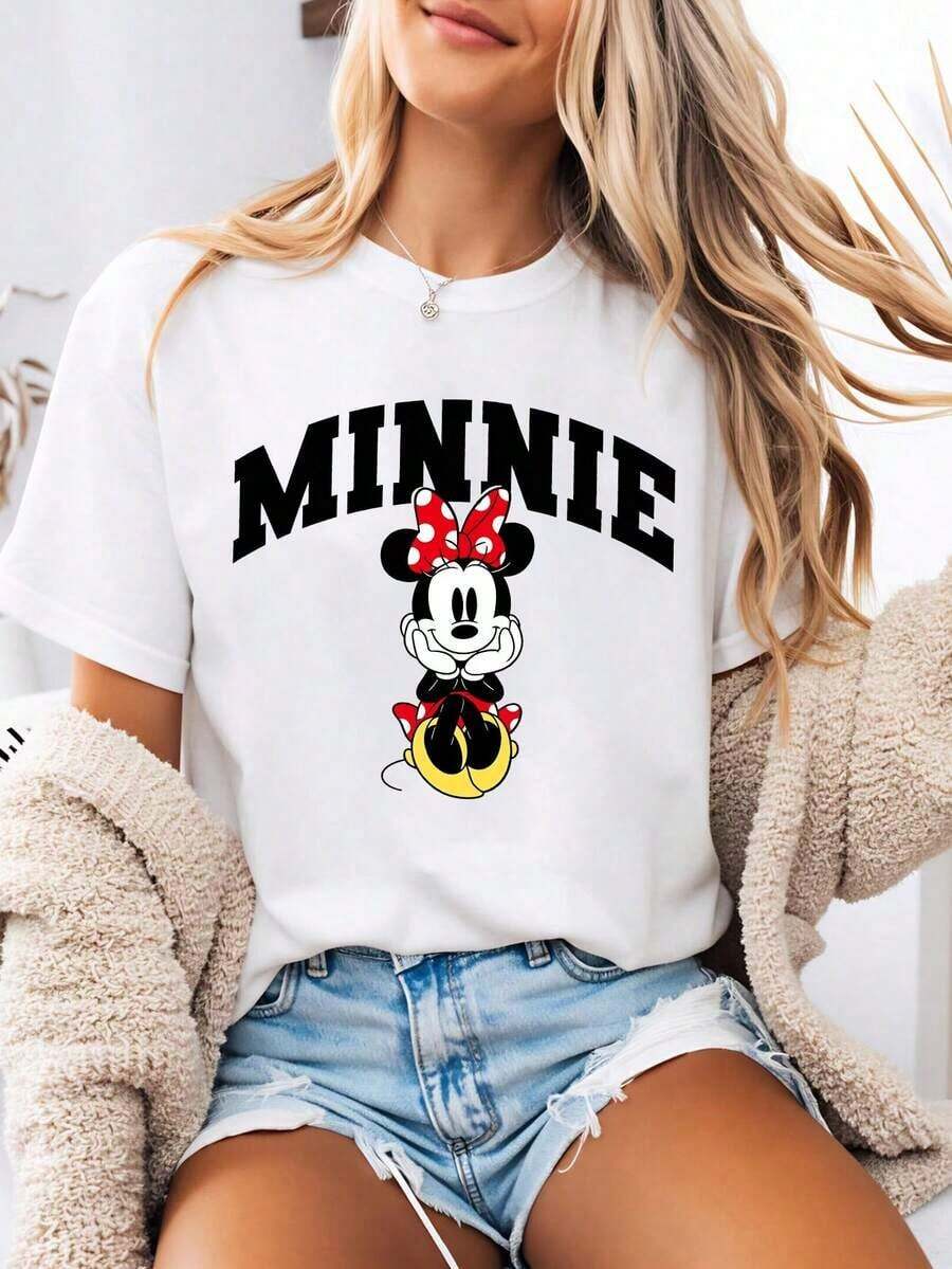 Disney-Style Women's Printed T-Shirt Featuring A Minimalist Cartoon Print Of Minnie Mouse Resting Her Chin. This Round-Neck Summer Top Is Crafted From Soft, Comfortable 100% Cotton Fabric, Perfect For Everyday Wear, Outdoor Activities, Or Shopping. It Also Makes An Ideal Choice For Women's Vacation Attire. - trắng - Xem 1