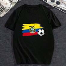 Unisex Women's Black Oversized Short-Sleeved T-Shirt, A Must-Have For Spring, Featuring A Print Of The Ecuadorian National Flag And A Soccer Ball. Patriotic Style For Ecuadorian Soccer Fans, World Cup 2026. High-Quality Print, Casual Top For Watching Matches On Game Day. Casual Crew Neck T-Shirt For Everyday Wear And Vacations - 黑色 - 查看 2