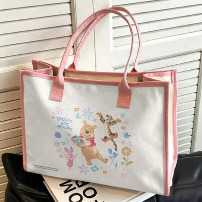 Miniso Disney Stitch & Angel Tote Bag – Besties And Blooms Floral Print, Large Capacity Shoulder Bag For Travel School Work