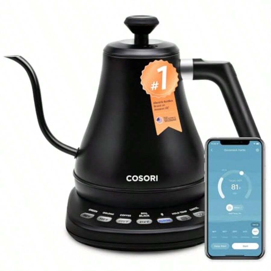 COSORI - Hervidor eléctrico de cuello de cisne inteligente Bluetooth con control de temperatura variable, cafetera y tetera, 100% acero inoxidable, calentamiento rápido, negro mate - BlackSmart - Ver 1