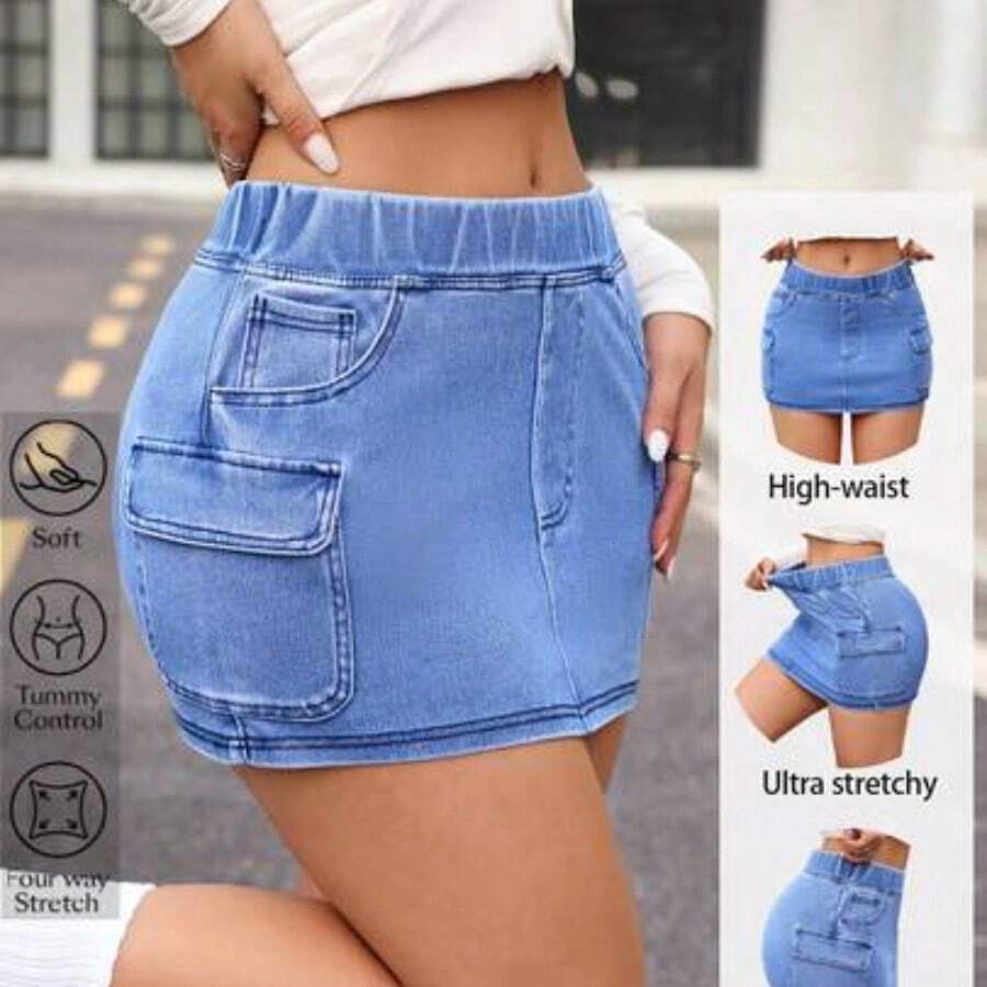 guangzhougaolangshangmao  Minifalda de mezclilla con cintura elástica y bolsillos cargo para mujer - Azul - Ver 1