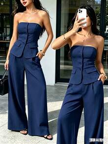 Strapless Bustier Set With Wide Leg Pants - Elegant Style For Women - Royal Blue - View 1