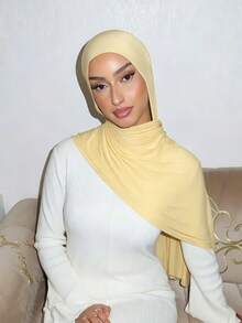 1pc Women's Minimalist Classic Solid Color Elegant Casual Fringe Scarf, Premium Knit Fabric Viscose Jersey Hijabs Scarf, Long Turban Style Headscarf, Suitable For Daily Life, Travel And Gatherings - Butter Yellow - View 3