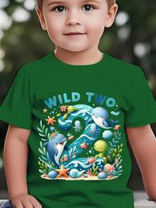 Fashionable 'Wild Two' Short-Sleeved T-Shirt For Children From The 'Birthday Series' Featuring Cartoon Prints Of Marine Animals Such As Dolphins, Turtles, Octopuses, Seahorses, Starfish And Shells, Suitable For Casual Outdoor Wear NY-DX9479 - 墨綠色 - 查看 6