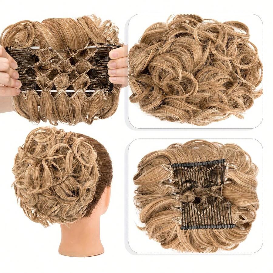 Extensión de cabello corto, rizado y despeinado, tipo coleta, fácil de colocar con peinetas elásticas, coleta con clip, coletero, moño, postizo, peluca, extensiones de cabello. - I9 - Ver 1