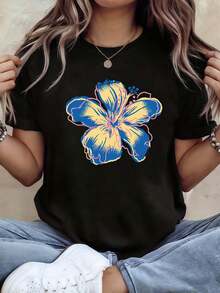 Camiseta de Moda Casual para Mujer de Talla Grande con Estampado de Flor de Hibisco Estilo Tropical Vintage Vibrante, Cuello Redondo, para Primavera y Verano, Atuendo Creativo y Cómodo para Salidas Diarias - Negro - Ver 1