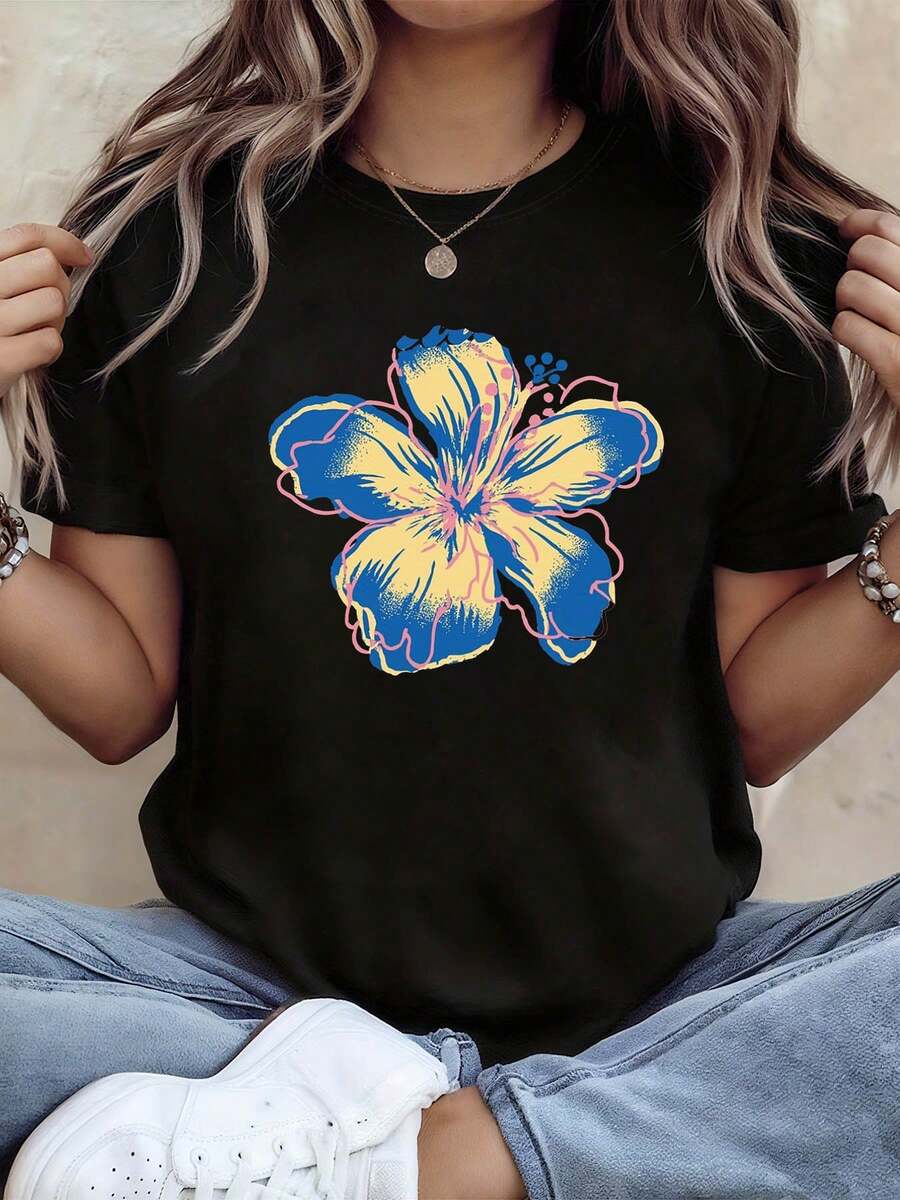 Camiseta de Moda Casual para Mujer de Talla Grande con Estampado de Flor de Hibisco Estilo Tropical Vintage Vibrante, Cuello Redondo, para Primavera y Verano, Atuendo Creativo y Cómodo para Salidas Diarias - Negro - Ver 1
