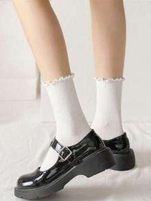 1/3/5 pares de calcetines de tobillo con volantes lindos para mujer, color negro y blanco, mezcla de poliéster y spandex, lavables a máquina - Multicolor - Ver 5