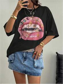 Y2K - Women's T-Shirts With Lip Print, Round Neck, Short Sleeve, Loose Fit And Versatile Shirt - Black - View 4