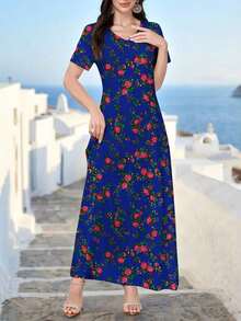Al Najma Vestido azul marino elegante de mujer con cuello en V, de manga corta, con estampado floral, que se puede usar como prenda exterior o interior/vestido de trabajo, adecuado para citas, vacaciones, uso diario, casual, fiestas, festivales, vestido largo, vestido largo de primavera/verano para mujer, vestido largo fluido, vestido largo floral, vestido azul marino - Azul - Ver 4