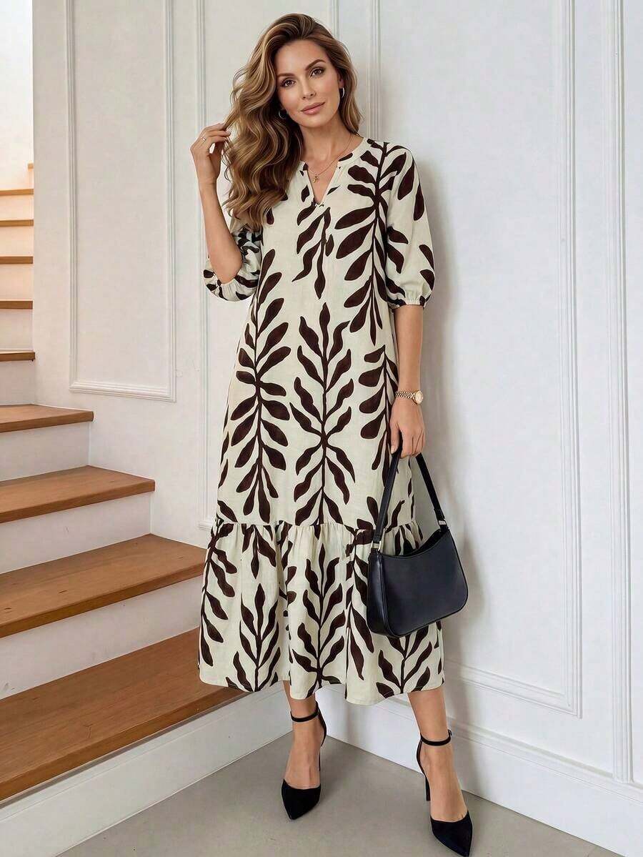 Vestido casual de mujer con cuello en V y estampado cepillado, color caqui, para primavera/verano, vestido de manga corta y longitud midi, adecuado para uso diario, vacaciones, atuendo de maestra, regalo del Día de la Madre - Multicolor - Ver 1