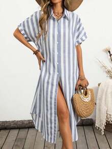 Vestido camisa casual de mujer de manga murciélago con rayas y abotonadura sencilla - Azul - Ver 6
