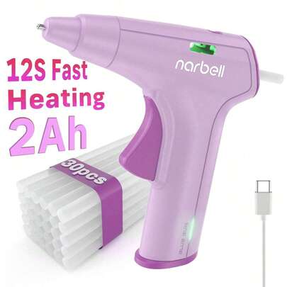 Narbell Súng bắn keo nóng không dây 4V, làm nóng nhanh 12 giây, cổng sạc Type-C, pin tích hợp 2000mAh, kèm 30 que keo 7mm, tự động tắt thông minh, lý tưởng cho các dự án DIY/thủ công/sửa chữa.