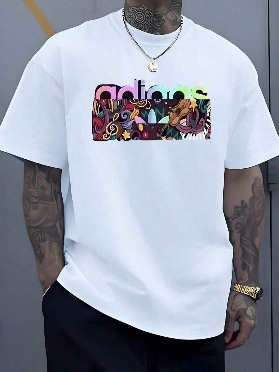 Colorful Combination Of Musical Shapes Symbolizing Joy, Freedom, And Positive Energy With Floating Notes, Guitars, And Sparkles That Evoke Rhythm And Passion. Men's Plus Size T-Shirt, 100% Cotton, 220g - 白色 - 查看 1